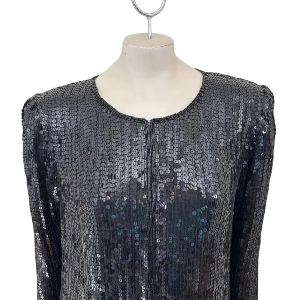 VTG STENAY 100% Silk All Over Sequin Beaded Formal Jacket in Black & Gold SZ L